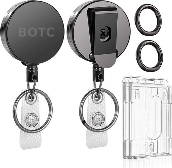 Porte-clés Set - Lot de 2 porte-badges - Porte-clés rétractable avec clip - Clés avec Riem de recul - Zwart