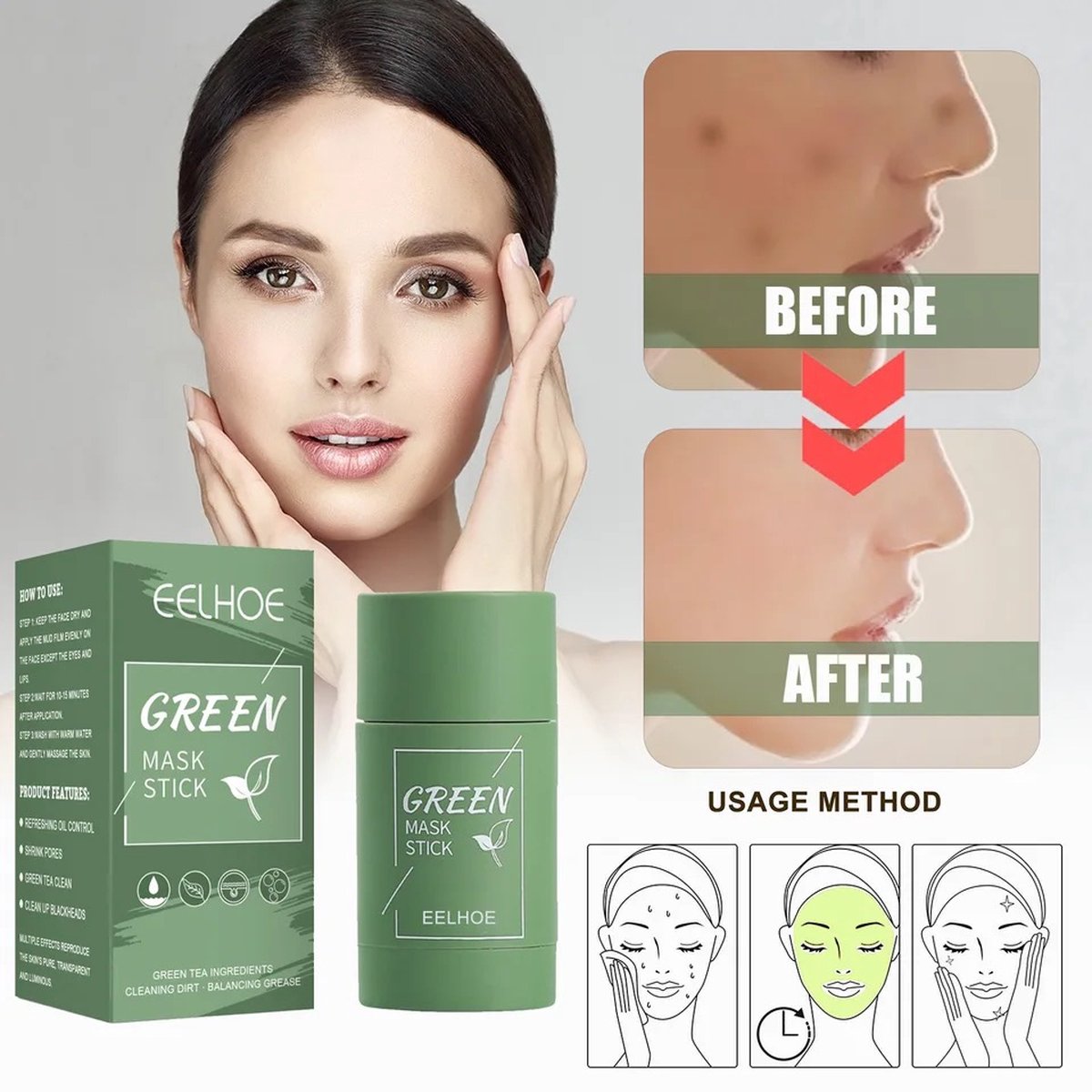 EELHOE Green Mask Stick - Gezichtsmasker - Groene Thee - Huidverzorging - Hydraterend - Kleimasker - Poreless Eelhoe Mask Stick voor diepe reiniging