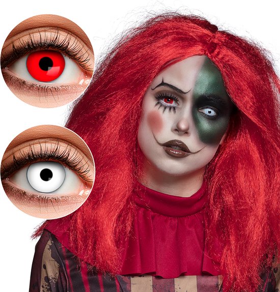 Model met felrode, warrige pruik, clownsmake-up met groen en wit oog en rode ogen. Inset toont rode en witte lenzen.