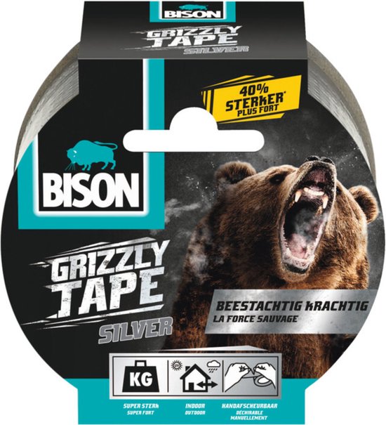 Bison Grizzly Tape Zilver 10m