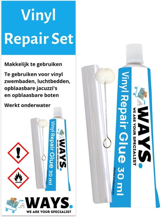 Set de réparation vinyle Ways avec colle et applicateur, pour la réparation du vinyle sous l'eau.
