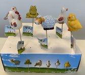 Decoratieve (tuin) stekers "dieren" - Set van 6 stuks - schaap/kikker/vogels/gans en haan - meerkleurig - keramiek - 6.5 x 3.5 x lengte 23 cm - Woonaccessoires - Decoratieve stekers - Tuinaccessoires