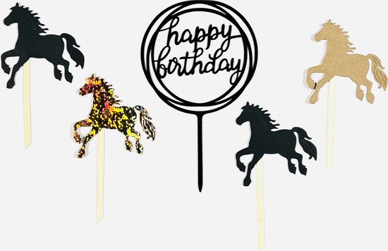 Set met vier paard-vormige taarttoppers in zwart, goudfolie, en karton, met een 'happy birthday' cirkelvormige topper.