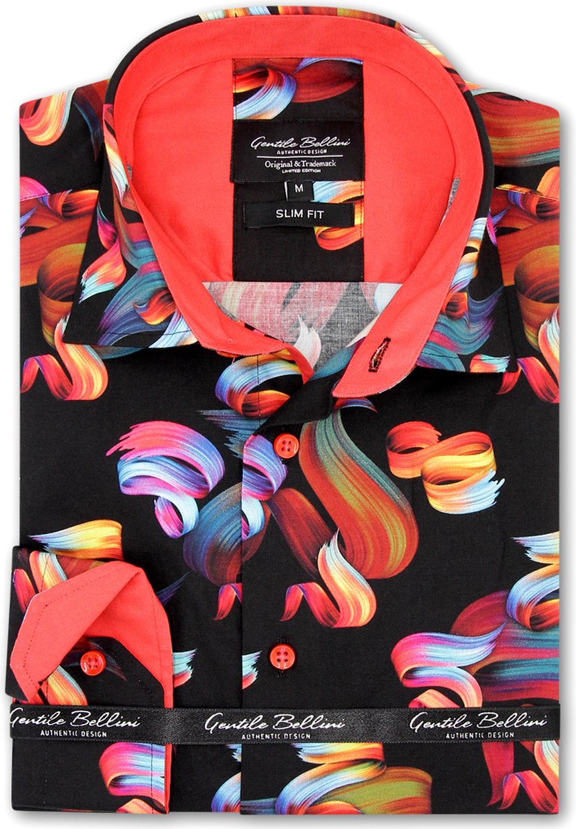 Heren Overhemd - Slim Fit - Colourful Prints - Zwart - Maat XXL