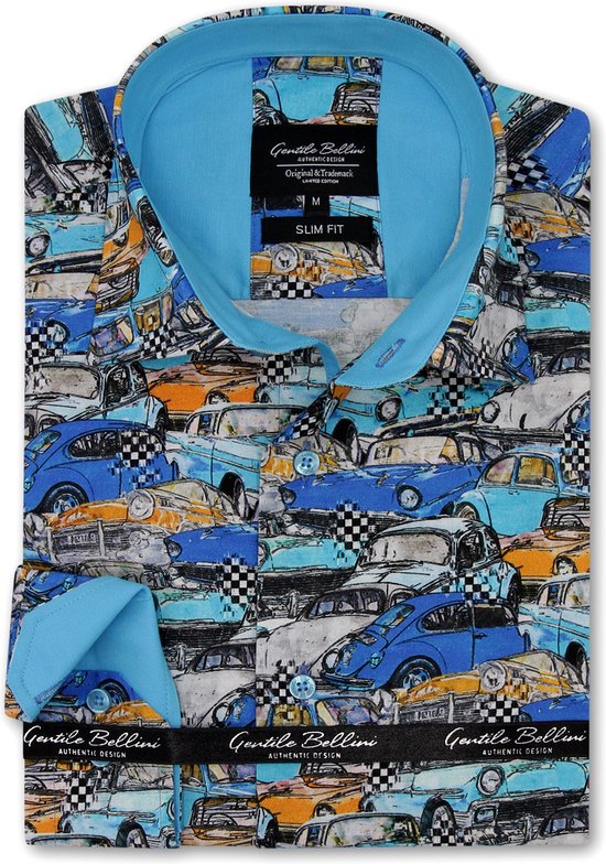 Heren Overhemd - Slim Fit - Oldtimer Car - Blauw - Maat L