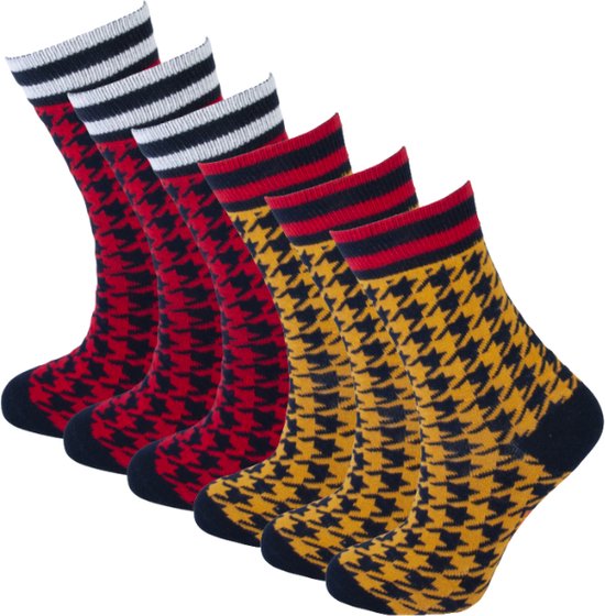 6 Paar meisjes sokken - Pied de poule motief - Rood/Oker - Maat 31-34