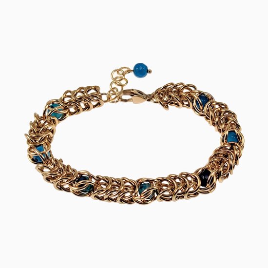 Bracelet à maillons pour femme 20-23 cm x 9 mm - Bagues en acier inoxydable plaqué or - Pierres d'agate naturelle bleue à facettes - Bracelet réglable
