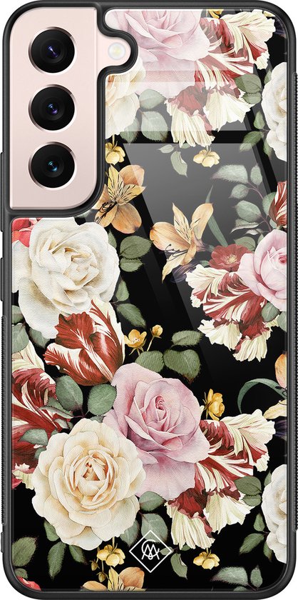 Coque Samsung Galaxy S22 en verre - Fleurs flower power - Multi - Coque rigide Zwart - Coque arrière pour téléphone - Fleurs - Casimoda