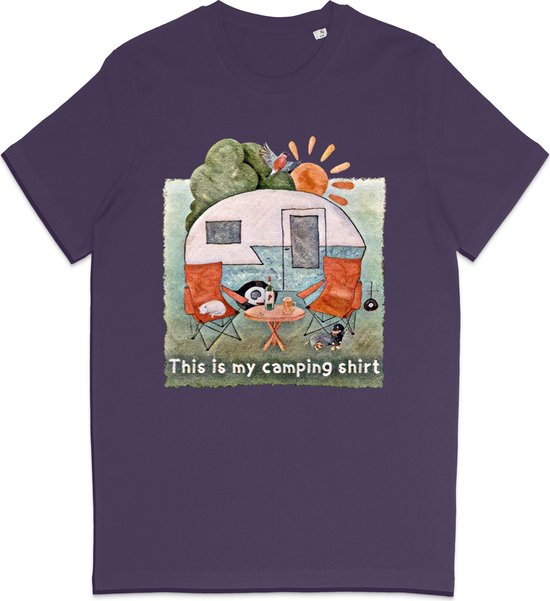 Heren en Dames T Shirt - Camping Kampeer Tafereel - Paars 3XL