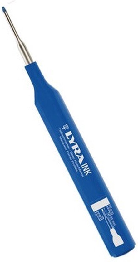 Een blauwe diepgatmarker van 'LYRA INK' met een metalen punt.