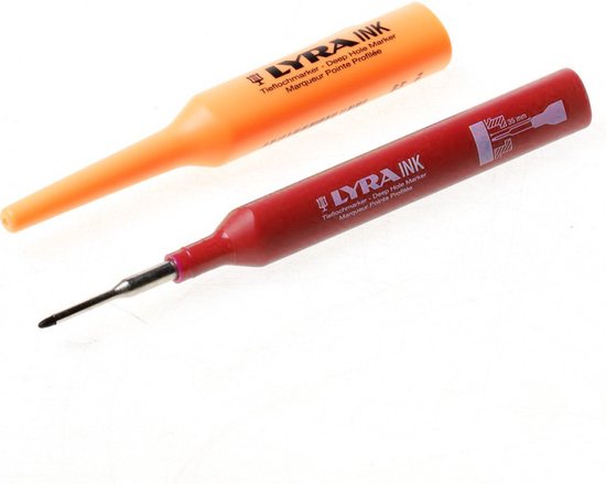Oranje dop en rode markeerstift met LYRA INK diepgat marker opschrift.