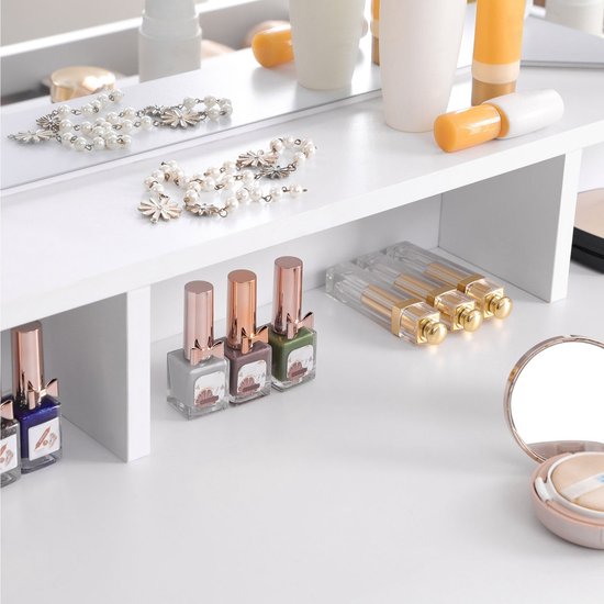 Table de maquillage - coiffeuse - Avec miroir pliant - 2 tiroirs - Table cosmétique - Avec 3 compartiments ouverts - Wit