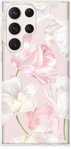 GSM Hoesje Geschikt voor Samsung Galaxy S23 Ultra Back Case TPU Siliconen Hoesje Doorzichtig Mooie Bloemen