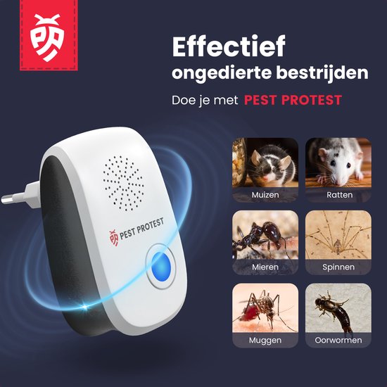 Een Pest Protest ultrasone ongediertebestrijder toont welke dieren bestreden worden: muizen, ratten, mieren, spinnen, muggen, oorwormen.