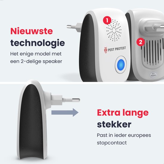 Twee Pest Protest ultrasone ongediertebestrijders, waarvan één met een 2-delige speaker. De ander toont de lange stekker.