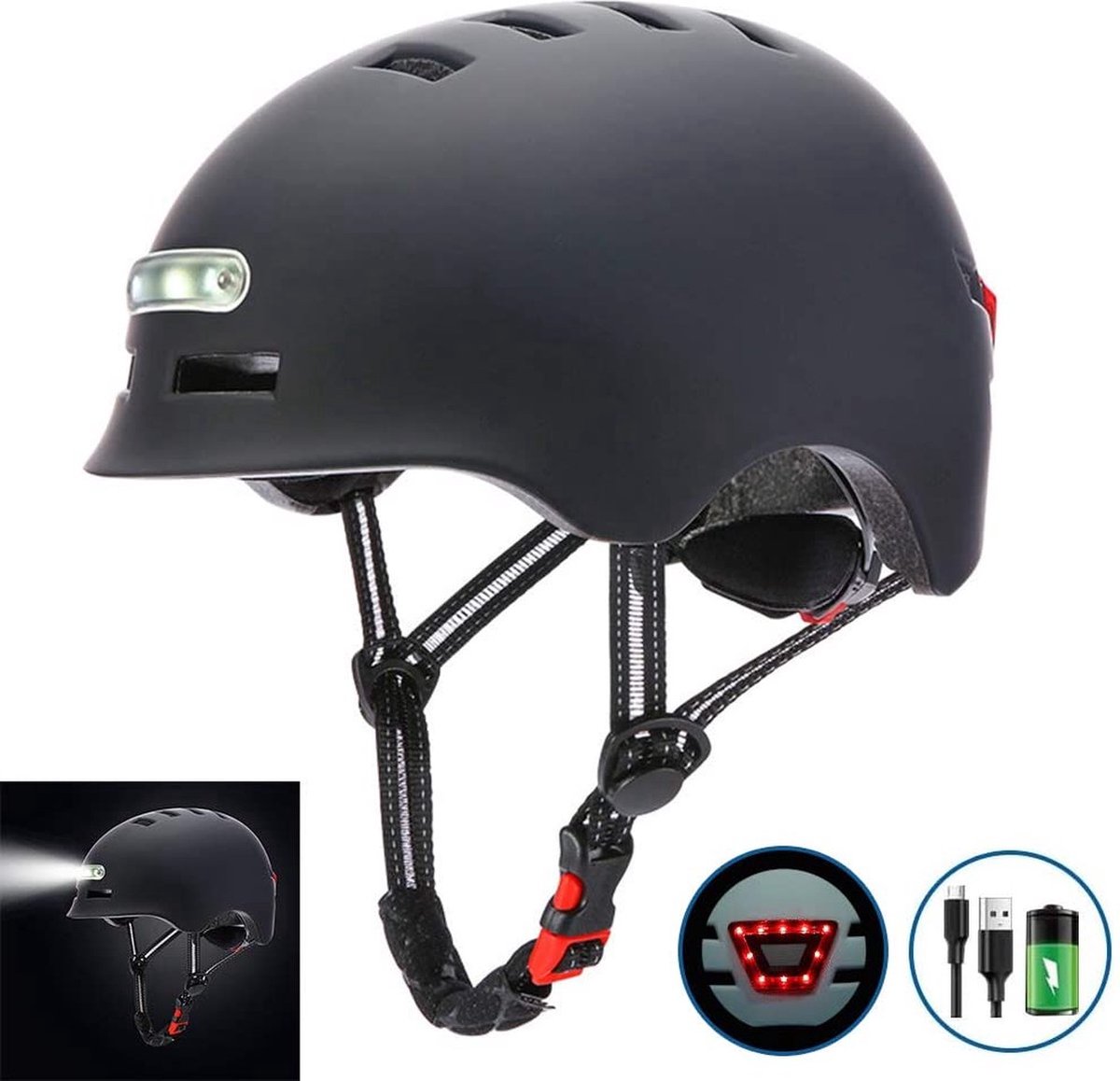 Fietshelm - Met voor- en achterlicht-Skatehelm - Maat-L 58-60cm-Helm Mat-Zwart - LED Verlichting