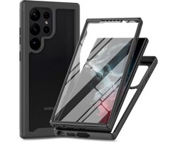 Hoesje met Ingebouwde Screenprotector voor de Samsung Galaxy S23 Ultra | Full Protect valbescherming | Schokbestendige Beschermhoes tegen Vallen | Shockproof | Doorzichtig / Zwart