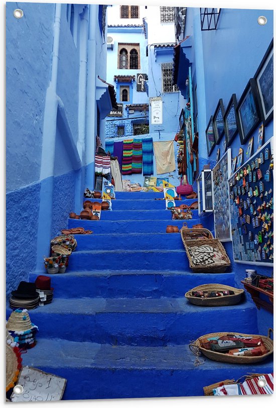 WallClassics - Tuinposter – Kunst op Straat - Marokko - 60x90 cm Foto op Tuinposter (wanddecoratie voor buiten en binnen)