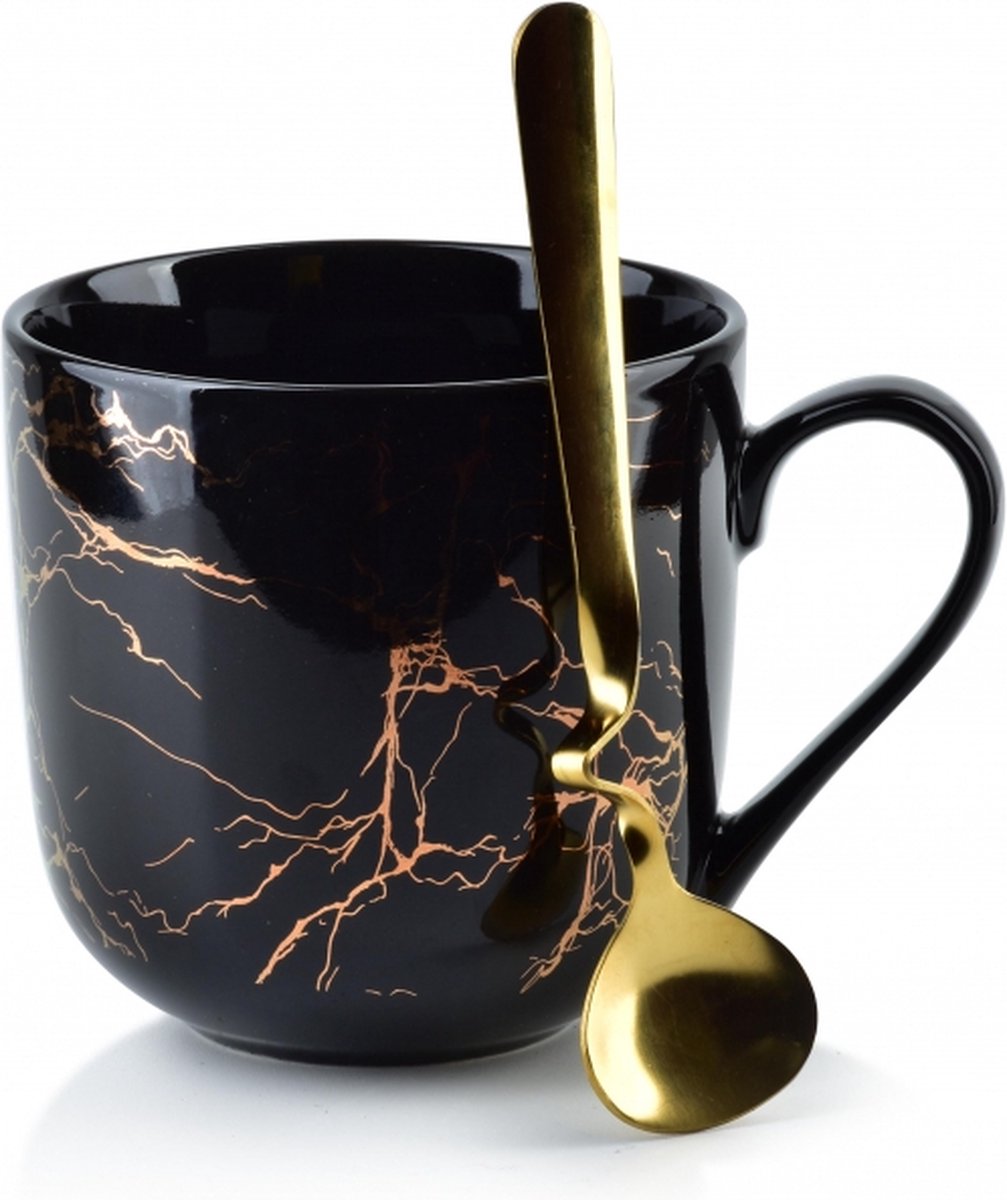 Affekdesign Lola Marble porseleinen mok met marmer look 480ml zwart - inclusief uniek gouden lepel - koffiemok - theemok - exclusieve en elegante uitstraling