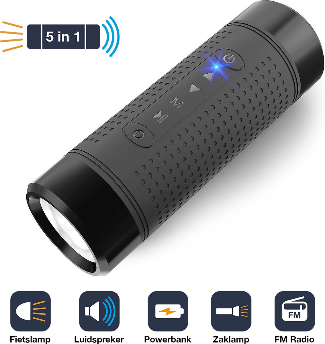 5 in 1 – Fiets lamp – Zaklamp – Bluetooth Speaker - Draadloze Luidspreker – Powerbank - FM Radio, Waterdichte voor buiten