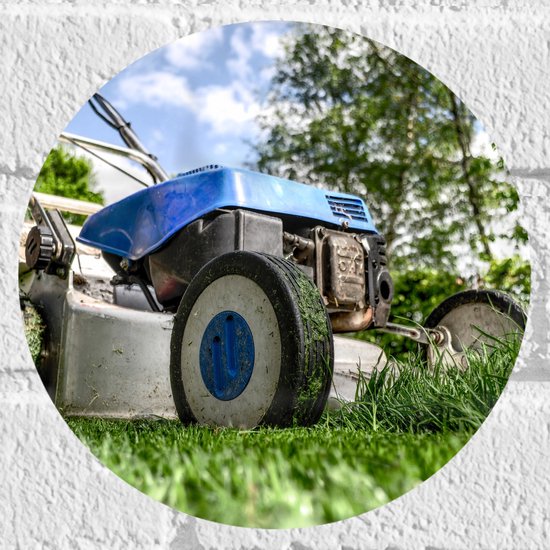 WallClassics - Muursticker Cirkel - Blauw/ Witte Grasmaaier in Actie - 20x20 cm Foto op Muursticker