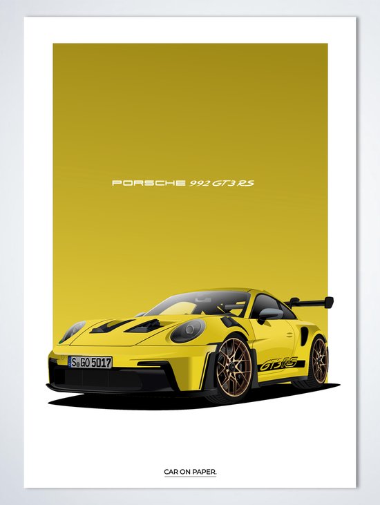 Porsche 911 GT3 RS Geel Poster - Autoposter 70 x 50 cm | Kinderkamer | Slaapkamer | Kantoor