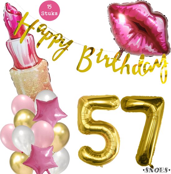 Snoes Beauty Helium Ballonnen Set 57 Jaar - Roze Folieballonnen - Slinger Happy Birthday Goud