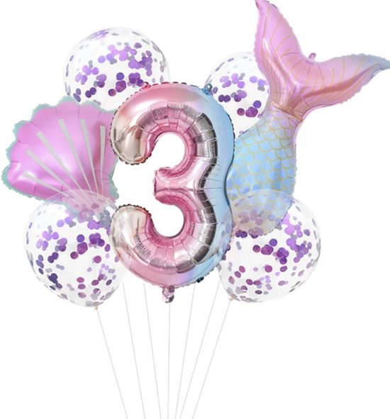 Mermaid Ballonnen - 7 Stuks - De kleine zeemeermin / The Little Mermaid - 3 Jaar - Verjaardag Versiering / Feestpakket - Ballonnen Set - Kinderfeestje Zeemeermin Thema - Roze ballon - Blauwe ballon- Paarse ballon - Happy Birthday