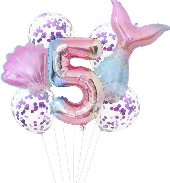 Mermaid Ballonnen - De kleine zeemeermin / The Little Mermaid - 5 Jaar - Verjaardag Versiering / Feestpakket - Ballonnen Set - 7 stuks - Kinderfeestje Zeemeermin Thema - Roze ballon - Blauwe ballon - Paarse ballon