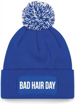 Bellatio Decorations Bad hair day muts met pompon - unisex - one size - Blauw - wintermuts