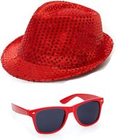 Folat - Verkleedkleding set glitter hoed/party bril rood volwassenen