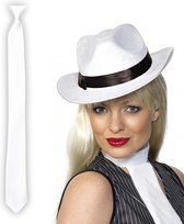 Toppers - Smiffys - Verkleedkleding set witte gangster hoed en stropdas wit
