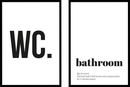 Poster WC en Bathroom - WC Posters - Inclusief lijsten - 21x30 cm - A4 - Ingelijst - WALLLL