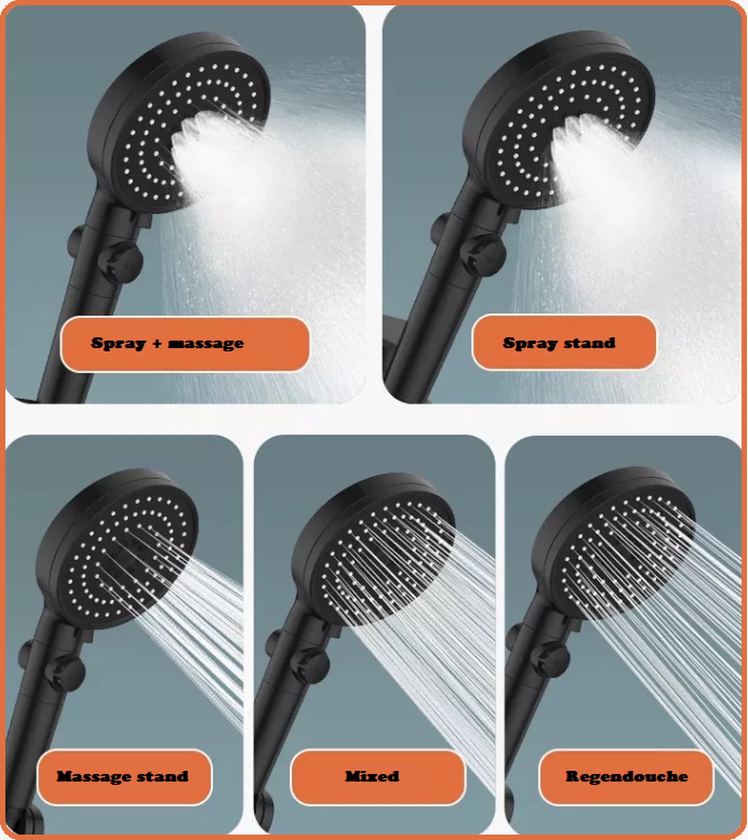 waterbesparende massage douchekop - 5 standen - filter - doucheslang - beugel - mat zwart - doseerbaar