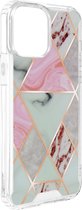 Geschikt voor Apple iPhone13 Mini Hybrid Marble Case met versterkte hoeken roze