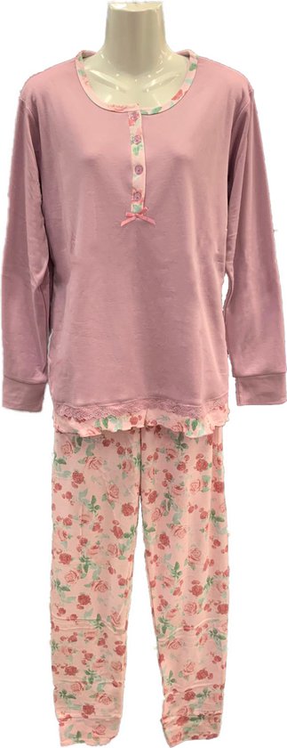 Dames Pyjamaset met Gebloemde Broek - Kleur Roze - Maat XXL