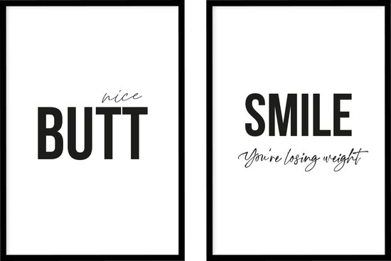 Poster Nice Butt en Smile - WC Posters - Inclusief lijsten - 21x30 cm - A4 - Ingelijst - WALLLL