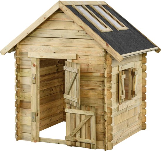 Houten speelhuisje met open deur, luiken en twee dakramen op het zwarte dak.