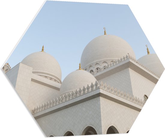 PVC Schuimplaat Hexagon - Bovenkant van Witte Sjeik Zayed Moskee, Abu Dhabi, Verenigde Arabische Emiraten - 80x69.6 cm Foto op Hexagon (Met Ophangsysteem)
