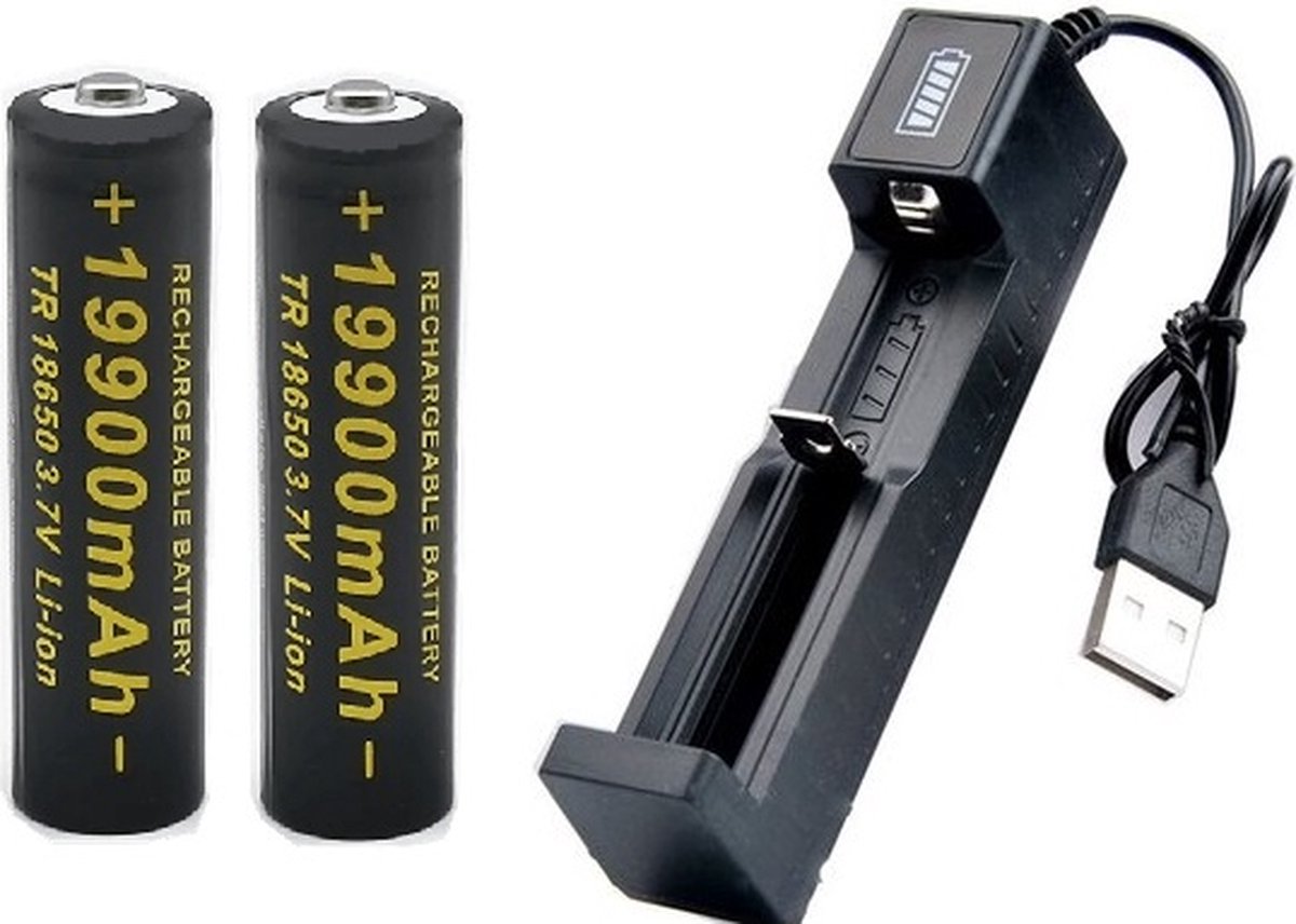 Fijita® - Oplaadbare LI-ION TR18650 batterijen 3,7V / 19900mAH - 2 stuks + 18650 Li-Ion Charger - Batterij Lader USB - Enkel