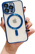 Hoesje Geschikt voor iPhone 14 Pro Max Magnetisch Hoesje Met Lensbeschermer - Geschikt voor magsafe - Transparant gekleurde rand - Blauw