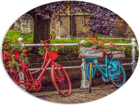 WallClassics - PVC Schuimplaat Ovaal - Rode en blauwe Fiets met Bloemen bij wit Hek voor de Gracht - 108x81 cm Foto op Ovaal (Met Ophangsysteem)