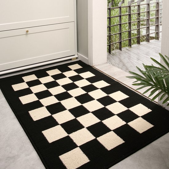 Geruite antislip deurmat voor binnen-Schoonloopmat-zwart/beige 60x90cm