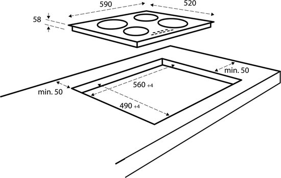 Inventum IKI6028 - Inbouw inductie kookplaat - 60 cm - 4 kookzones - 1- of 2-fase - Randloos - Zwart