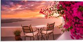 Dibond - Tafel met Stoeljes op Balkon met Roze Bloemenstruik met Uitzicht op Zee - 100x50 cm Foto op Aluminium (Met Ophangsysteem)