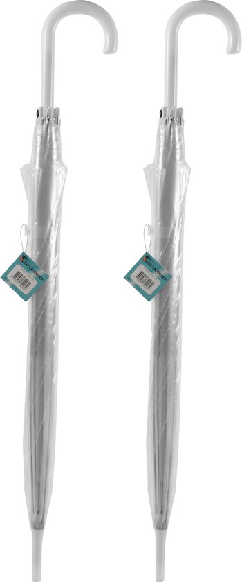 Twee transparante paraplu's met witte gebogen handvatten en labels.