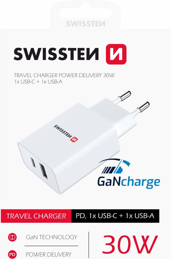 Swissten USB-C Snellader - 2 poorten - GaN technologie - USB-C & USB-A - 30W - Wit van Merkloos — afbeelding 3