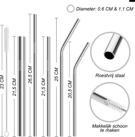 EcoFriendly’s 14x Herbruikbare Metalen Rietjes - Verschillende Maten - Duurzame Rietjes Herbruikbaar - RVS Rietjes - Ijzeren Rietjes - Geschikt voor Smoothies en Cocktails - Zilver