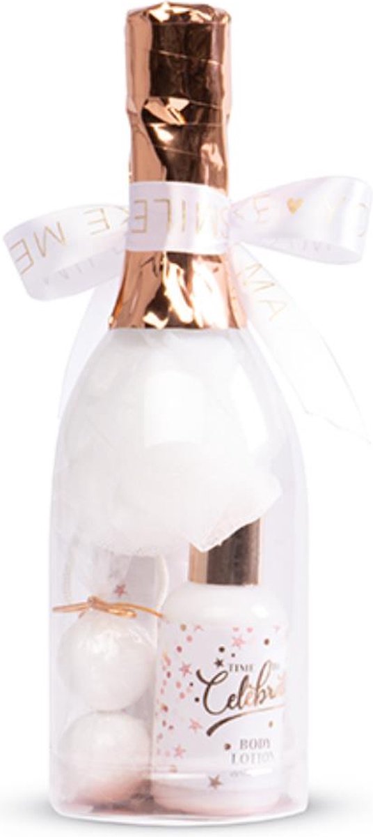 PVC Champagnefles - Verzorging geschenkset - Bad- en Douchegel - Badbruiser - Meshspons - Body lotion