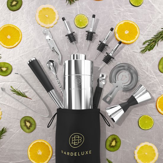 BarDeluxe® Cocktail Set - 12-Delig - Cocktailset - Cocktail Shaker Set - Inclusief Cocktail Shaker - Cocktail Recepten Boek - Cadeau voor Man - Cadeau voor Vrouw - Luxe Cadeauverpakking & Bewaarhoes - Cocktail Set Zilver